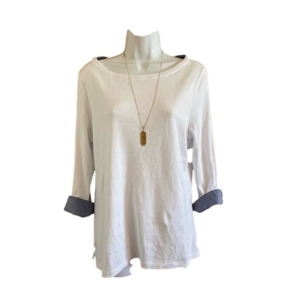 Nautica long-sleeved white cotton top with blue cuffs size L - Picture 1 of 7